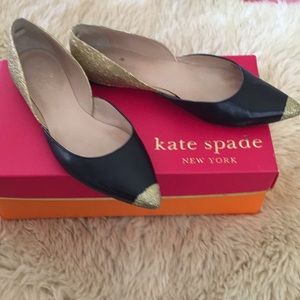 Kate Spade black leather and glitter gold flats